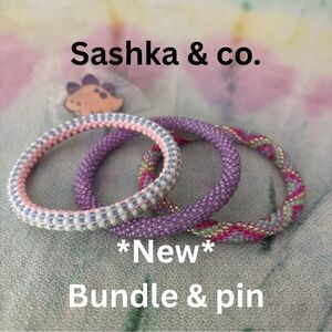 Sashka & Co. Beaded Bracelet Set pink, purple, multicolor & Dino pin 🦕